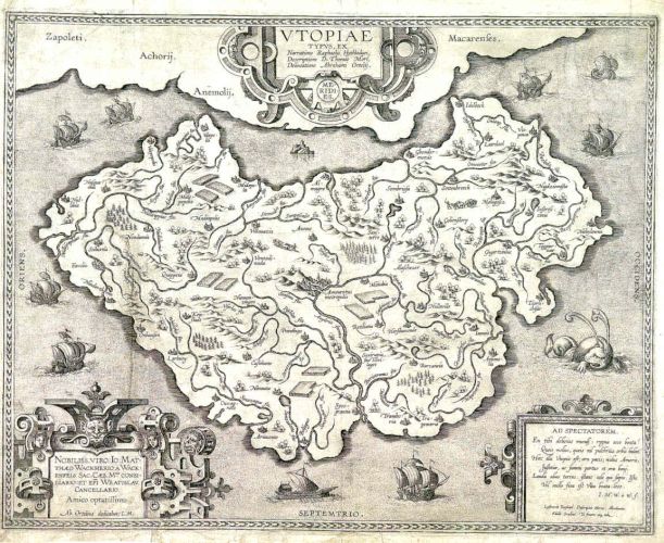 Абрахам Орелий (1527-1598). Карта острова Утопия. Иллюстрация к книге Томаса Мора. Гравюра. Около 1595.