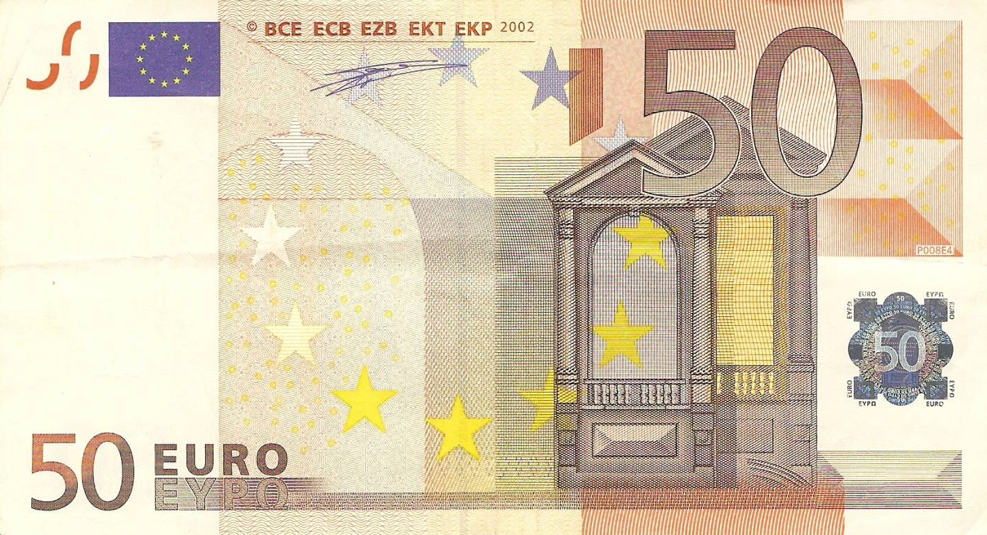 Банкнота 2002 года номиналом 50 евро: цвет – оранжевый, архитектурный стиль – Ренессанс (Возрождение). Источник http://raznie.ru/