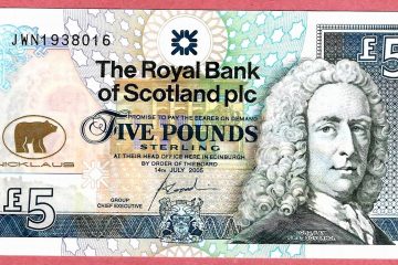 Лицевая сторона банкноты в 5 фунтов стерлингов. Эмиссия Королевского банка Шотландии, 2005.
Источник иллюстраций: Банк Шотландии